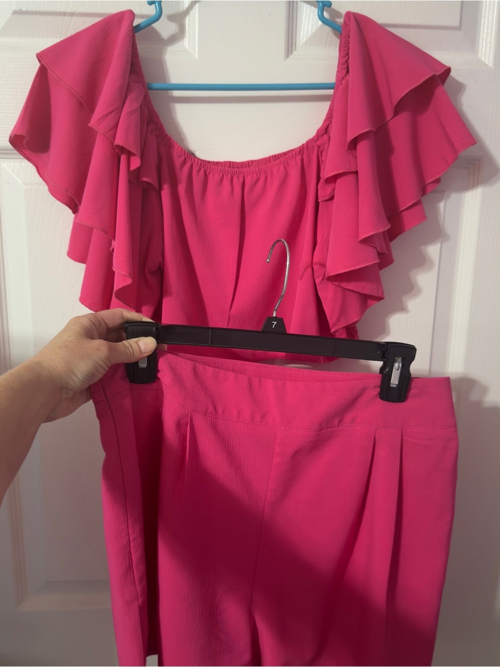 Off-Shoulder Ruffle Romper in Hot Pink